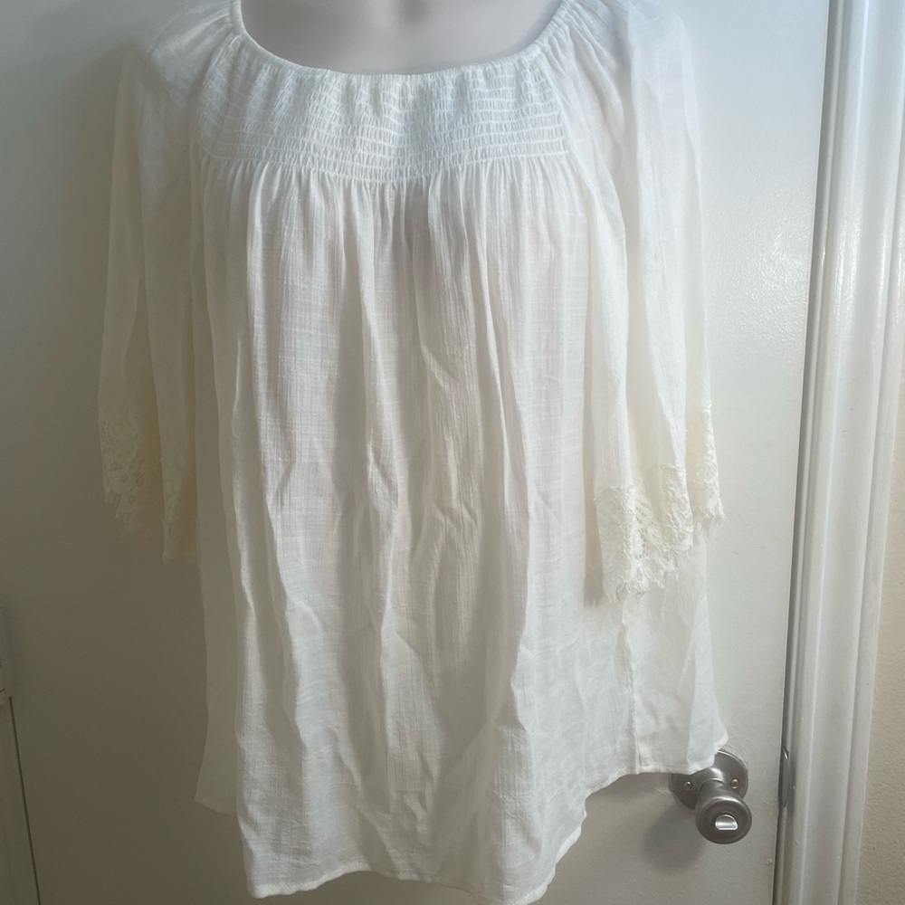 Women's White Peasant Blouse with Lace Trim